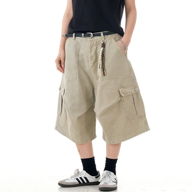 IEFB American Style Men's Shorts Solid Color Casual Side Pockets Pleated Design Trousers Straight Leg Male Cargo Bottom 9W2976