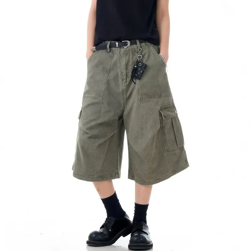 IEFB American Style Men's Shorts Solid Color Casual Side Pockets Pleated Design Trousers Straight Leg Male Cargo Bottom 9W2976