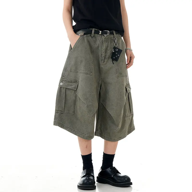 IEFB American Style Men's Shorts Solid Color Casual Side Pockets Pleated Design Trousers Straight Leg Male Cargo Bottom 9W2976