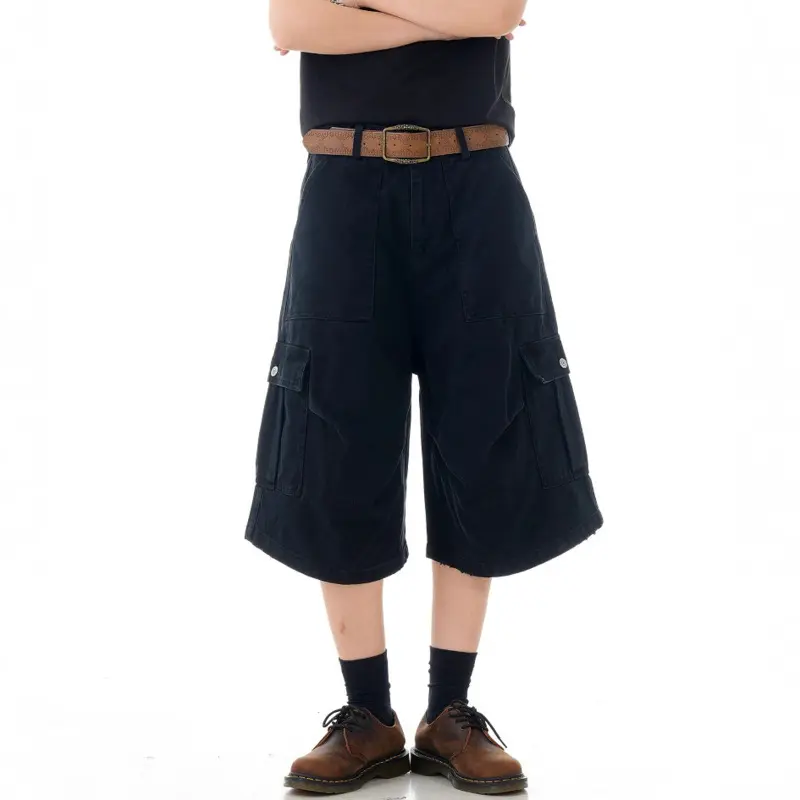 IEFB American Style Men's Shorts Solid Color Casual Side Pockets Pleated Design Trousers Straight Leg Male Cargo Bottom 9W2976