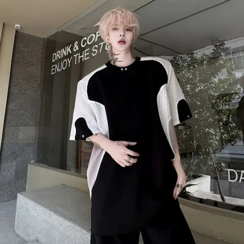 IEFB Male Short Sleeve T-shirts Summer Fashion Mesh Splicing Contrast Color Loose Round Neck Men's T-shirt Pullover Top 9W1494