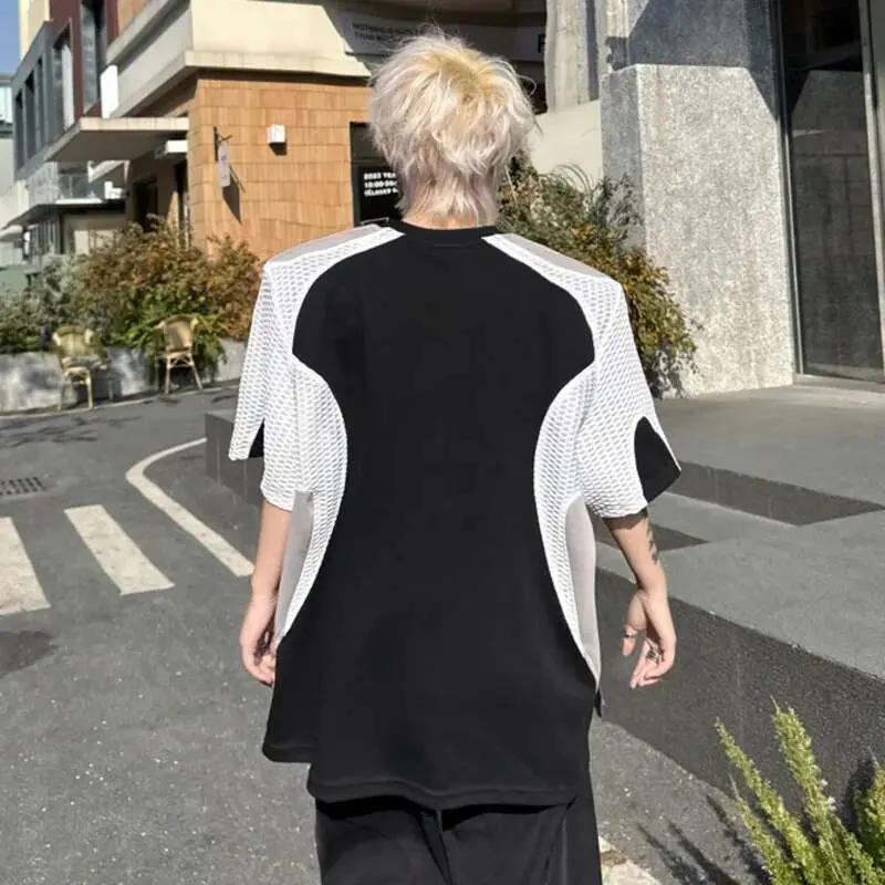 IEFB Male Short Sleeve T-shirts Summer Fashion Mesh Splicing Contrast Color Loose Round Neck Men's T-shirt Pullover Top 9W1494