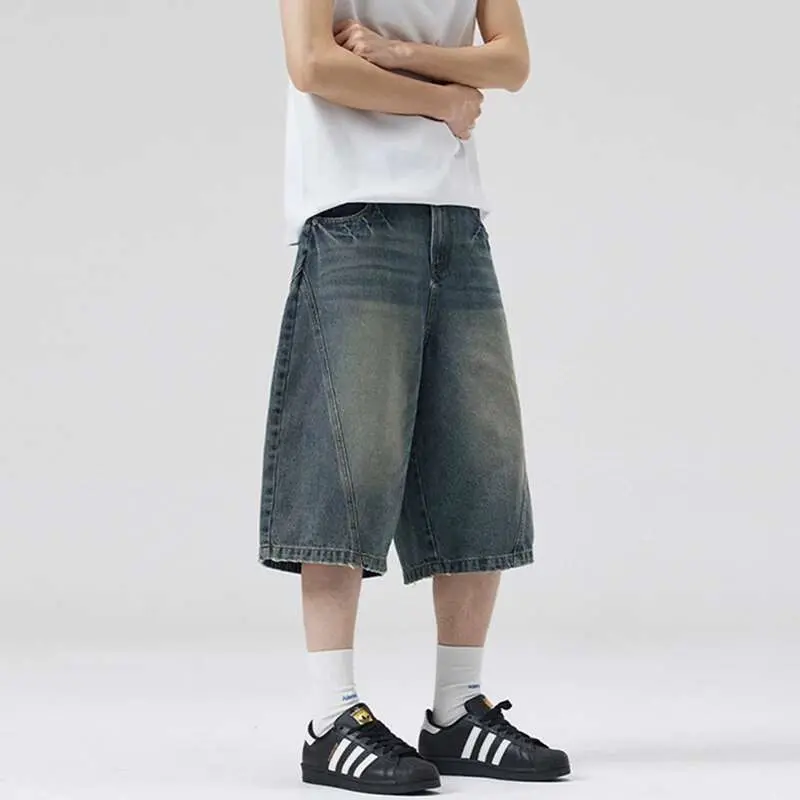 IEFB Men's American Style Denim Shorts Lightning Pattern Curved Knife Trendy Gradient Color Stylish Male Causal Bottoms 9W1908