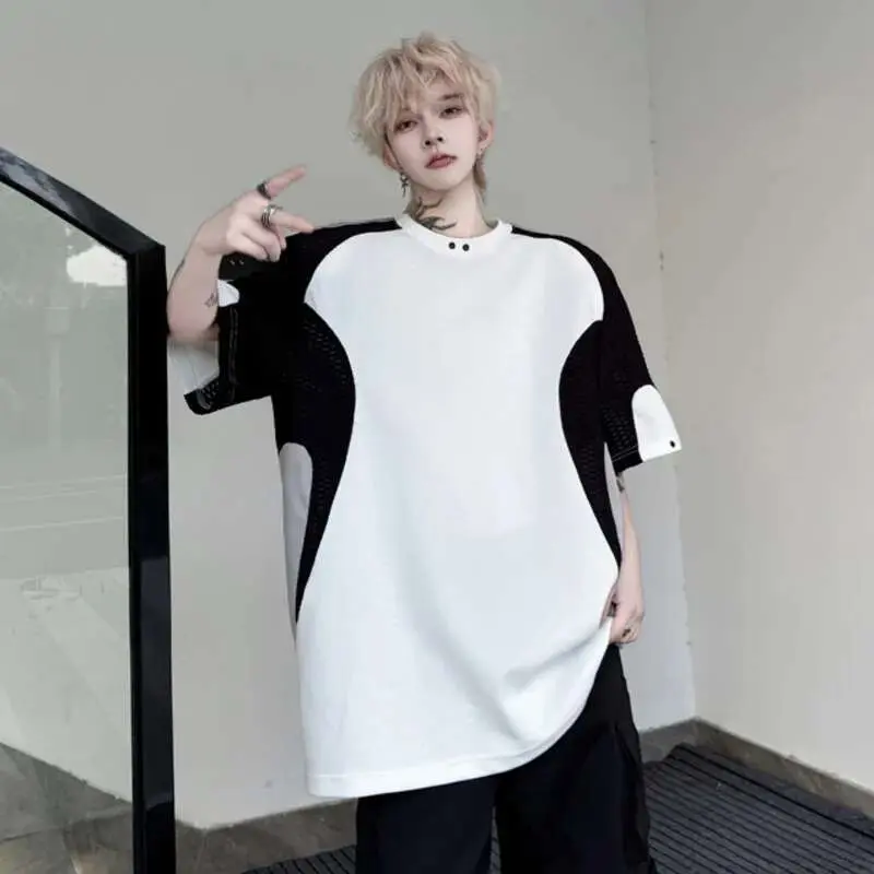 IEFB Male Short Sleeve T-shirts Summer Fashion Mesh Splicing Contrast Color Loose Round Neck Men's T-shirt Pullover Top 9W1494