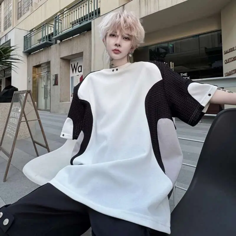 IEFB Male Short Sleeve T-shirts Summer Fashion Mesh Splicing Contrast Color Loose Round Neck Men's T-shirt Pullover Top 9W1494