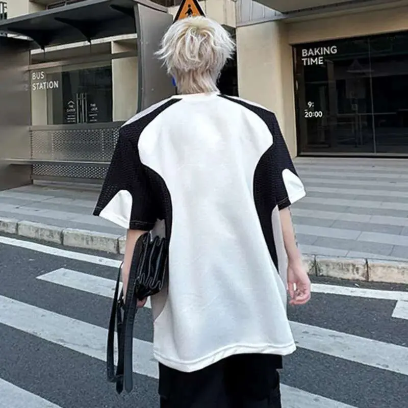 IEFB Male Short Sleeve T-shirts Summer Fashion Mesh Splicing Contrast Color Loose Round Neck Men's T-shirt Pullover Top 9W1494