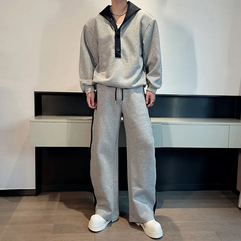 IEFB Men's Two-piece Denim Patchwork Button Contradt Color Hooded Sweatshirts Drawstring Straight Wide Leg Male Pants New 9W2392