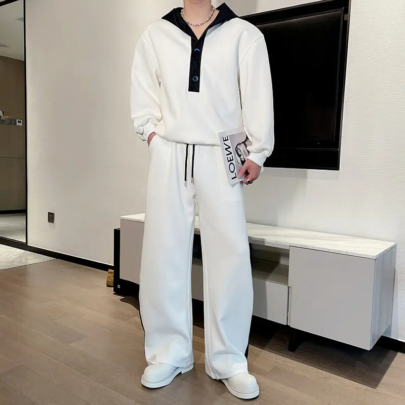 IEFB Men's Two-piece Denim Patchwork Button Contradt Color Hooded Sweatshirts Drawstring Straight Wide Leg Male Pants New 9W2392