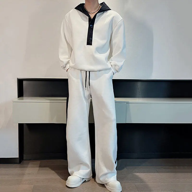 IEFB Men's Two-piece Denim Patchwork Button Contradt Color Hooded Sweatshirts Drawstring Straight Wide Leg Male Pants New 9W2392