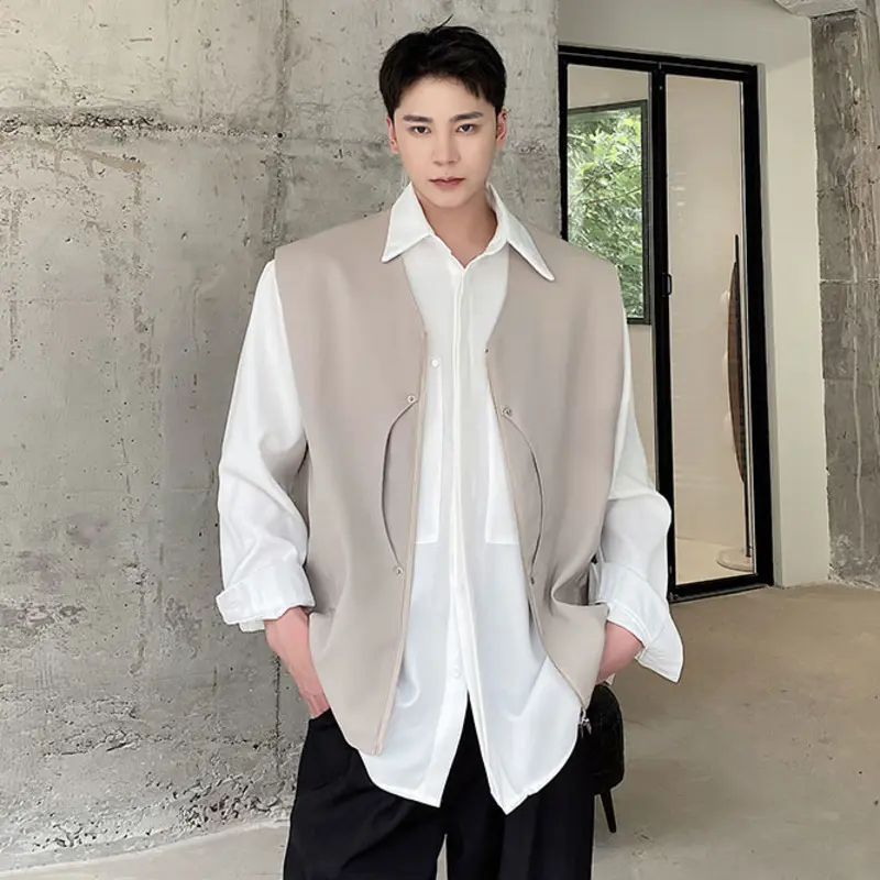 IEFB Korean Style Men's Tank Tops V-neck Patchwork Solid Color Zipper All-match Sleeveless Casual Male Vest Simple Summer 9W1244