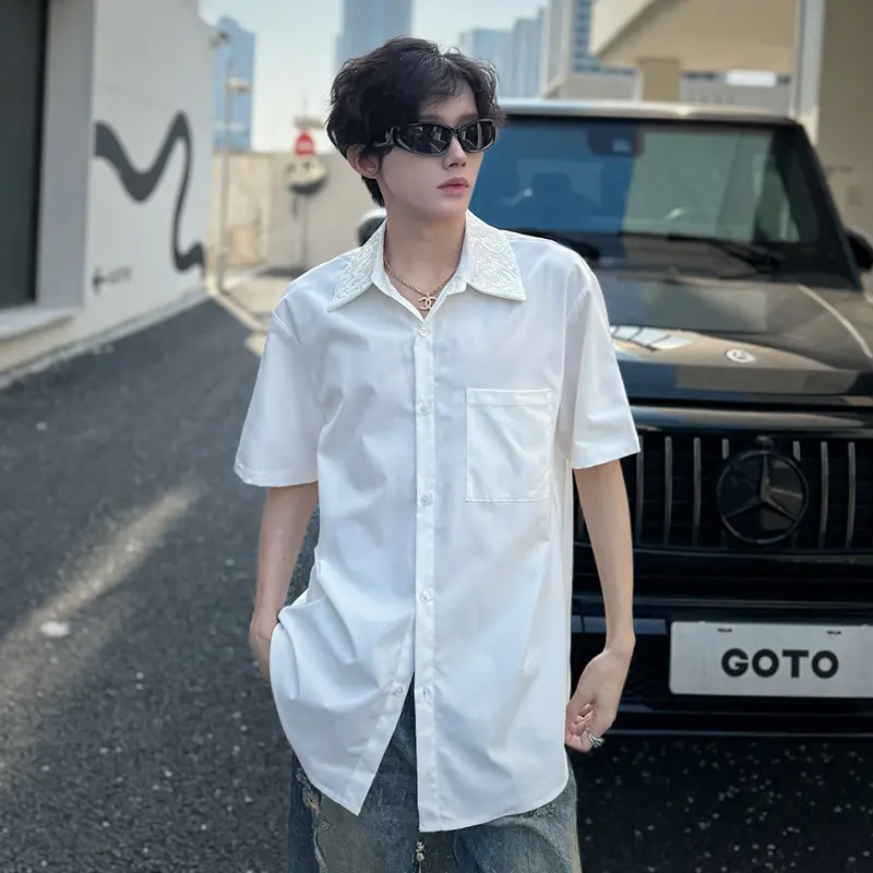 IEFB Men's T-shirts Short Sleeve New Summer Embroidered Personality Single Breasted Solid Color Lapel Male Casual Tees 9W2180