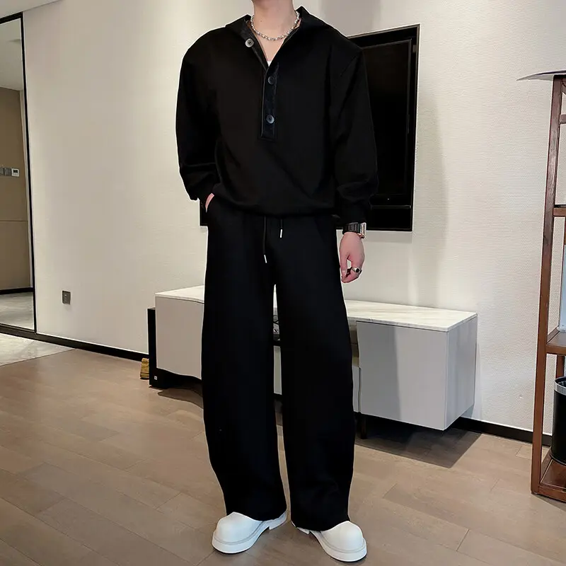 IEFB Men's Two-piece Denim Patchwork Button Contradt Color Hooded Sweatshirts Drawstring Straight Wide Leg Male Pants New 9W2392