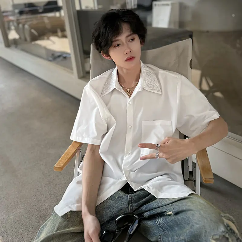 IEFB Men's T-shirts Short Sleeve New Summer Embroidered Personality Single Breasted Solid Color Lapel Male Casual Tees 9W2180