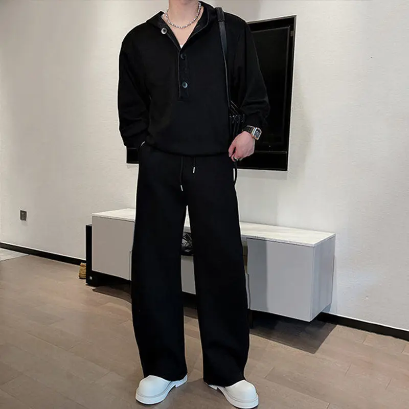 IEFB Men's Two-piece Denim Patchwork Button Contradt Color Hooded Sweatshirts Drawstring Straight Wide Leg Male Pants New 9W2392