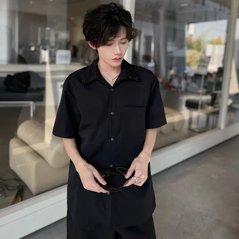 IEFB Men's T-shirts Short Sleeve New Summer Embroidered Personality Single Breasted Solid Color Lapel Male Casual Tees 9W2180