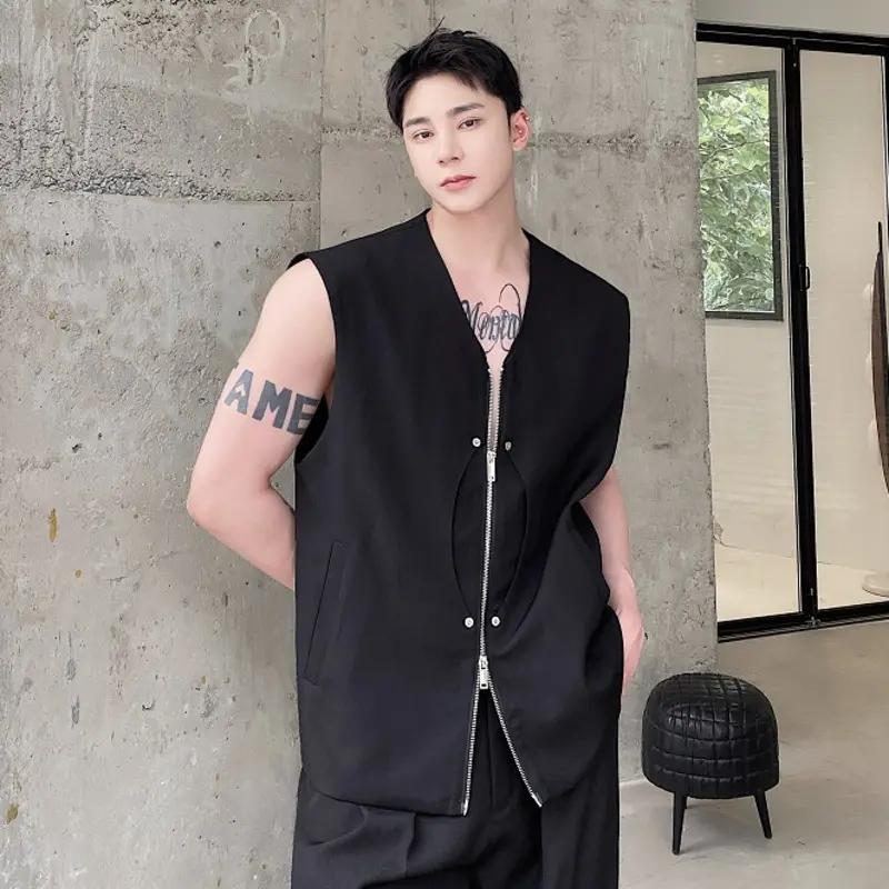 IEFB Korean Style Men's Tank Tops V-neck Patchwork Solid Color Zipper All-match Sleeveless Casual Male Vest Simple Summer 9W1244