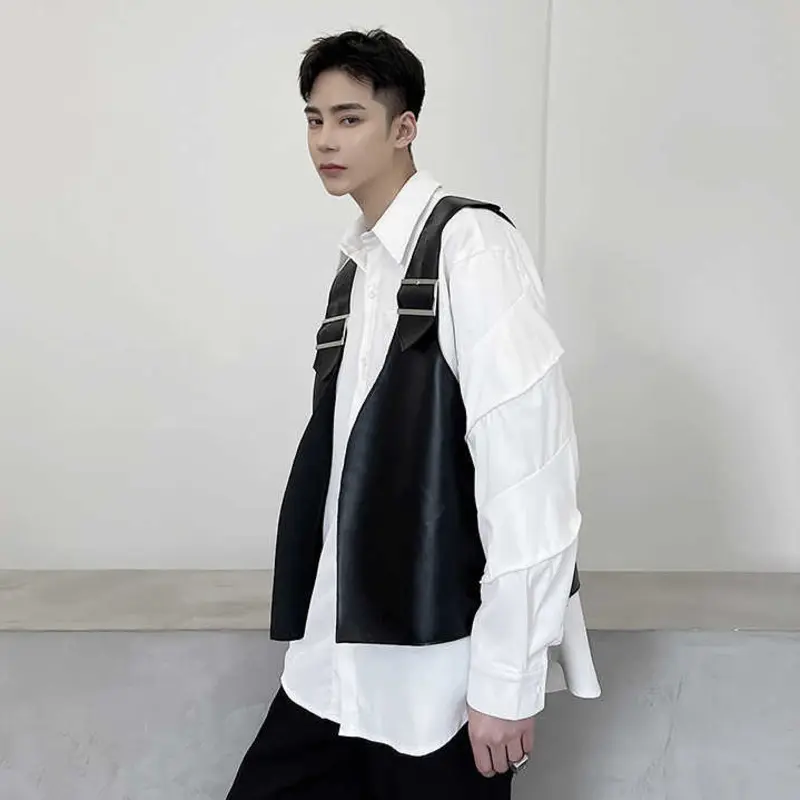 IEFB Men's Wear Niche Design PU Leather Black Vest Simple Tide Causal Sleeveless Cool Waistcoat Male Top Fashion Trend 9Y5430