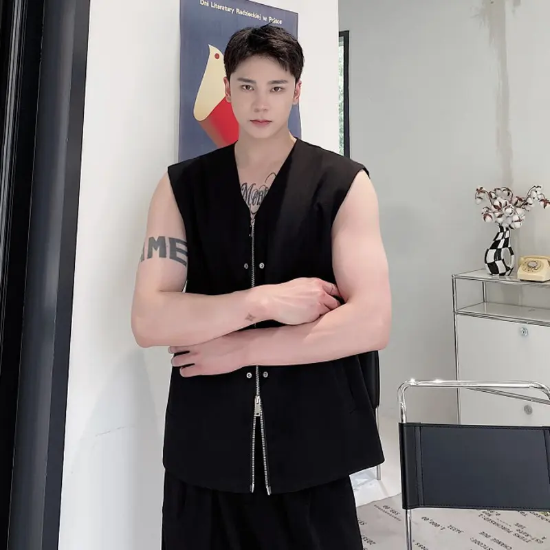 IEFB Korean Style Men's Tank Tops V-neck Patchwork Solid Color Zipper All-match Sleeveless Casual Male Vest Simple Summer 9W1244