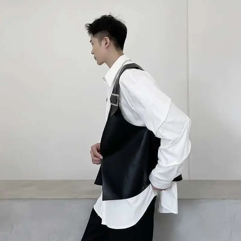 IEFB Men's Wear Niche Design PU Leather Black Vest Simple Tide Causal Sleeveless Cool Waistcoat Male Top Fashion Trend 9Y5430