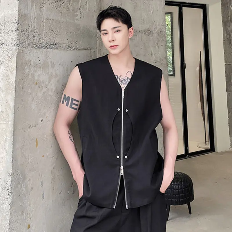 IEFB Korean Style Men's Tank Tops V-neck Patchwork Solid Color Zipper All-match Sleeveless Casual Male Vest Simple Summer 9W1244