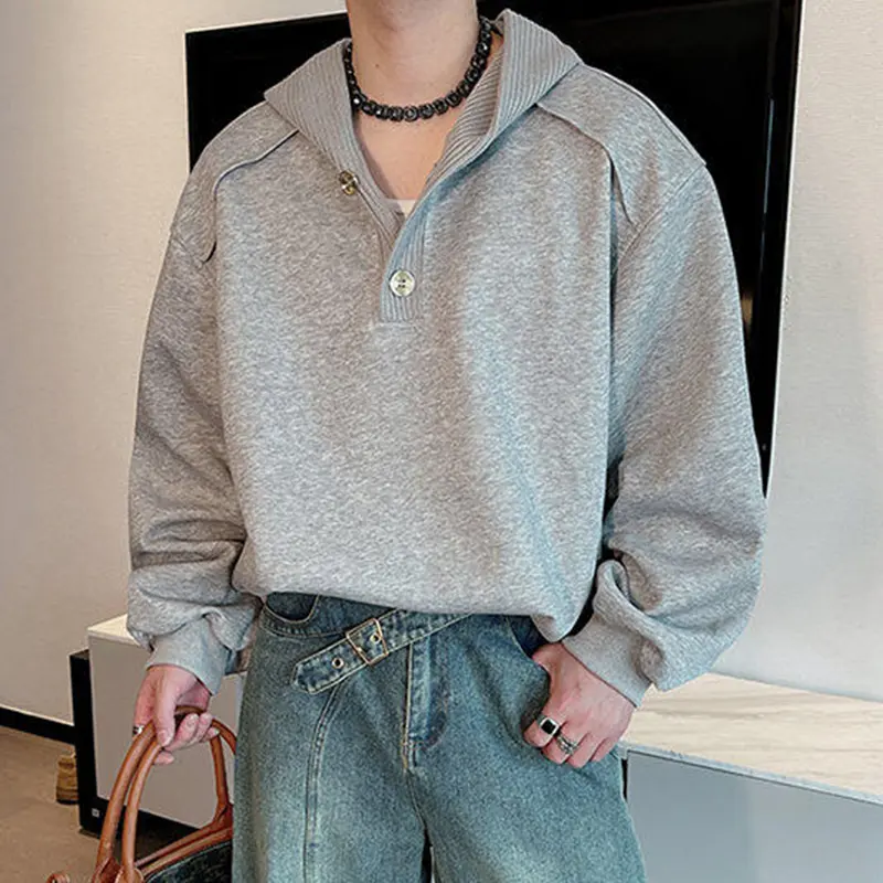 IEFB Hooded Men's Hoodies Solid Color Button Design Knitting Casual Tops Pullover Korean Style Loose Male Sweatshirts 9W2395