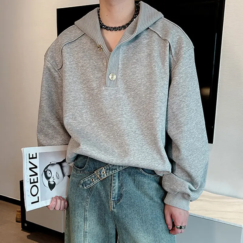 IEFB Hooded Men's Hoodies Solid Color Button Design Knitting Casual Tops Pullover Korean Style Loose Male Sweatshirts 9W2395