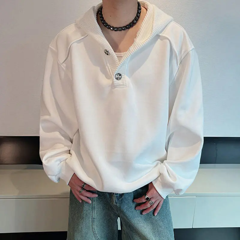 IEFB Hooded Men's Hoodies Solid Color Button Design Knitting Casual Tops Pullover Korean Style Loose Male Sweatshirts 9W2395
