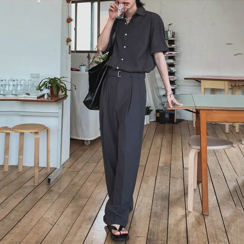 IEFB Korean Style Men Two-piece Solid Color Lapel Single Breasted Short Sleeve Shirts Belts Decoration Pleated Male Pants 9W2714