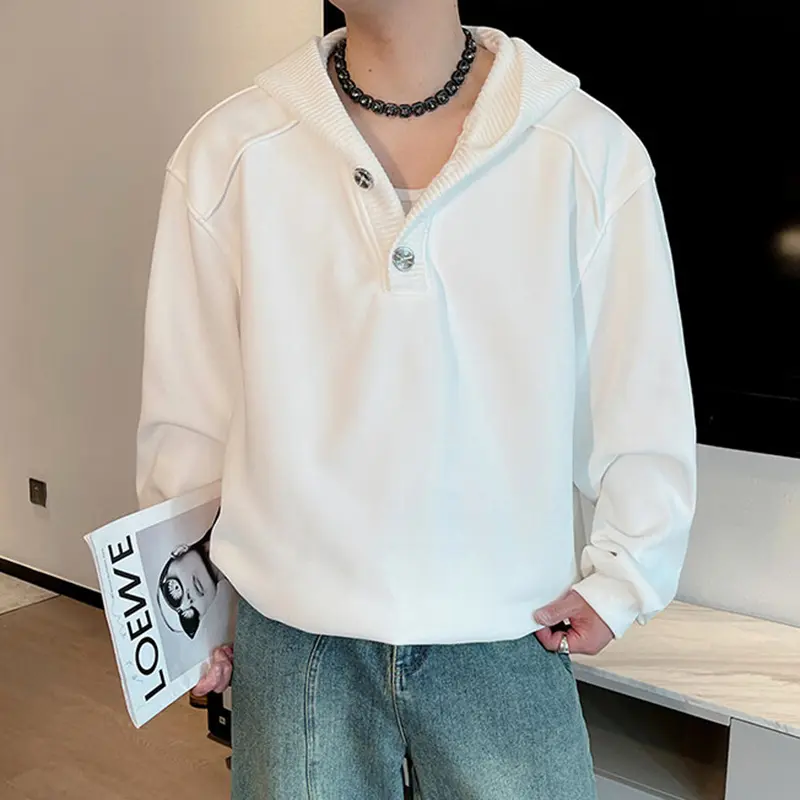 IEFB Hooded Men's Hoodies Solid Color Button Design Knitting Casual Tops Pullover Korean Style Loose Male Sweatshirts 9W2395