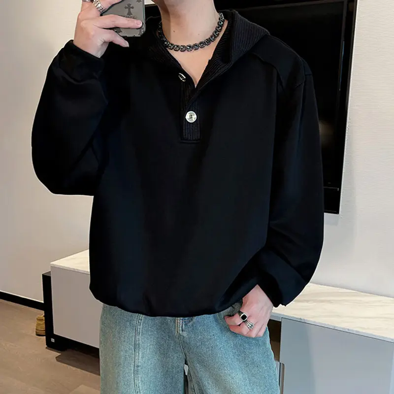 IEFB Hooded Men's Hoodies Solid Color Button Design Knitting Casual Tops Pullover Korean Style Loose Male Sweatshirts 9W2395