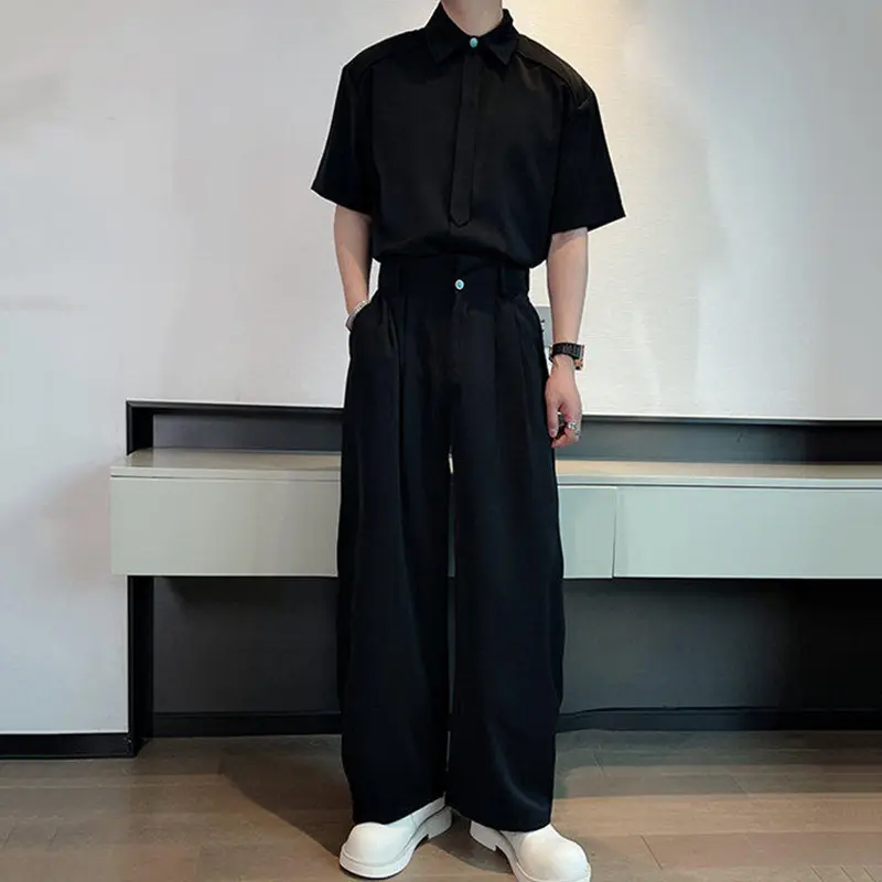 IEFB Solid Color Men's Two-piece Lapel Short Sleeved Single Breasted Shirts Pleated Design Wide Leg Casual Pants Summer 9W3049