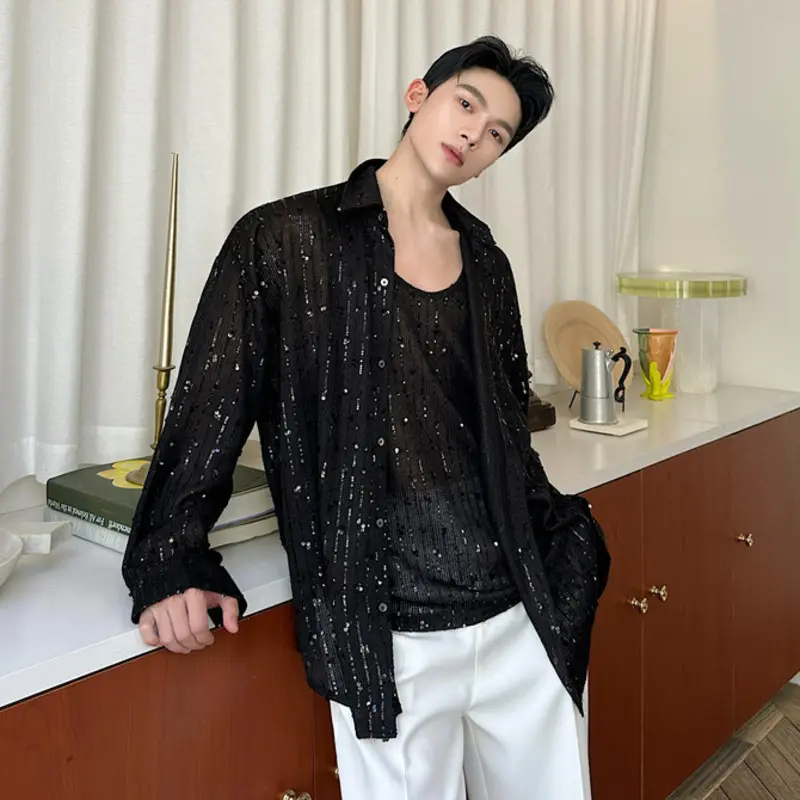 IEFB New Fashion Men's Sequins Two Pieces Round Collar Sleeveless Vest Turn-down Collar Long Sleeve Shirt Summer Top Set 9W2691