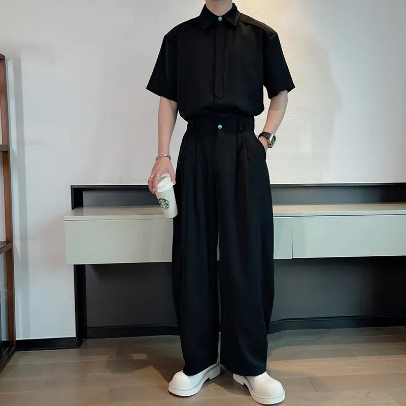 IEFB Solid Color Men's Two-piece Lapel Short Sleeved Single Breasted Shirts Pleated Design Wide Leg Casual Pants Summer 9W3049