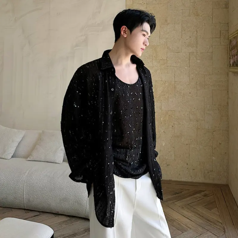 IEFB New Fashion Men's Sequins Two Pieces Round Collar Sleeveless Vest Turn-down Collar Long Sleeve Shirt Summer Top Set 9W2691