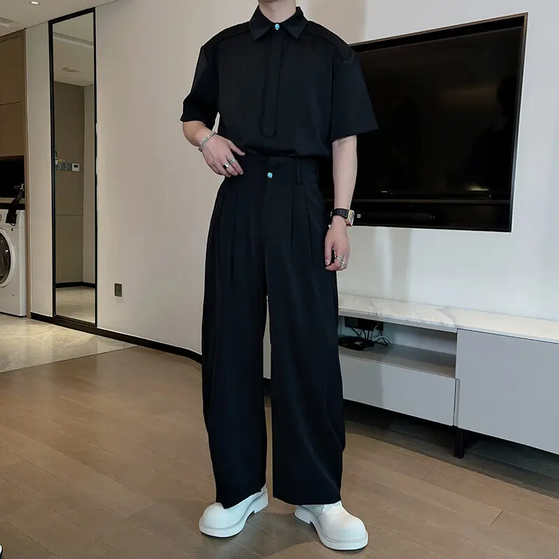 IEFB Solid Color Men's Two-piece Lapel Short Sleeved Single Breasted Shirts Pleated Design Wide Leg Casual Pants Summer 9W3049