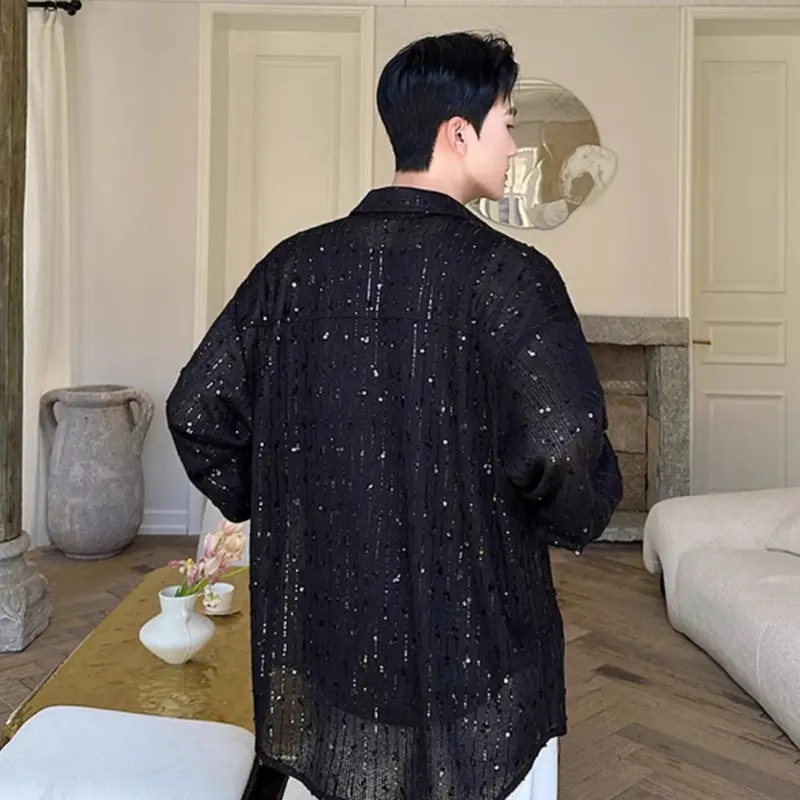 IEFB New Fashion Men's Sequins Two Pieces Round Collar Sleeveless Vest Turn-down Collar Long Sleeve Shirt Summer Top Set 9W2691