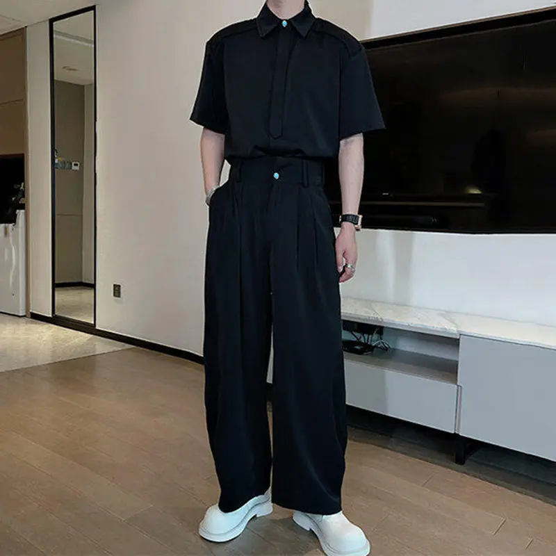 IEFB Solid Color Men's Two-piece Lapel Short Sleeved Single Breasted Shirts Pleated Design Wide Leg Casual Pants Summer 9W3049