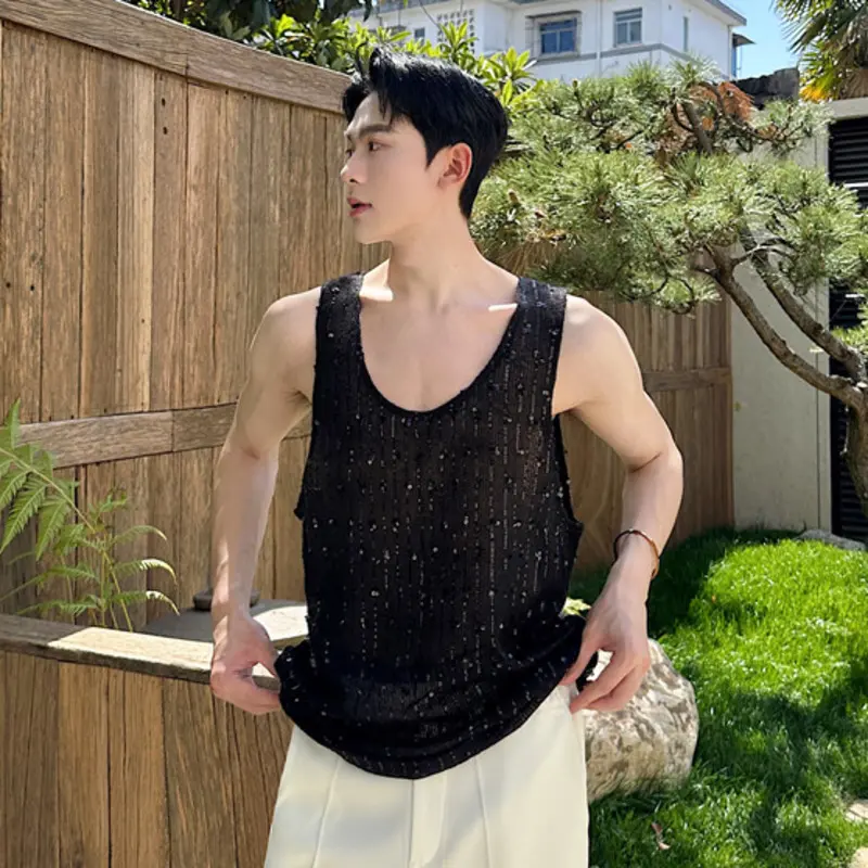 IEFB New Fashion Men's Sequins Two Pieces Round Collar Sleeveless Vest Turn-down Collar Long Sleeve Shirt Summer Top Set 9W2691