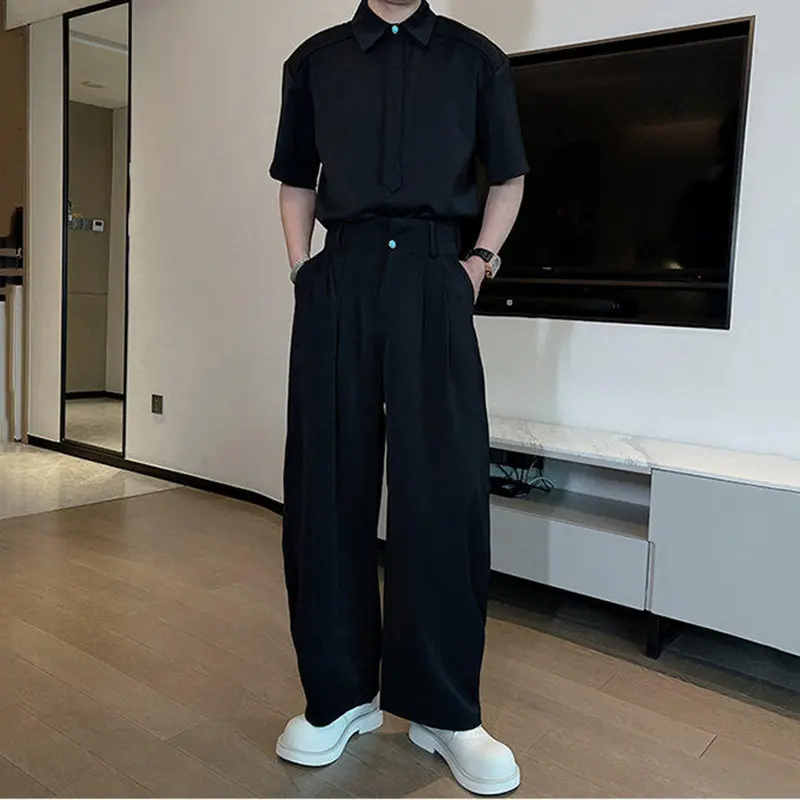 IEFB Solid Color Men's Two-piece Lapel Short Sleeved Single Breasted Shirts Pleated Design Wide Leg Casual Pants Summer 9W3049