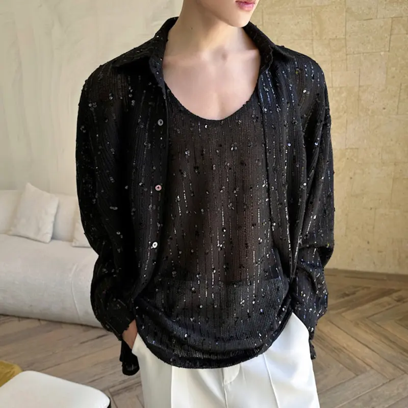 IEFB New Fashion Men's Sequins Two Pieces Round Collar Sleeveless Vest Turn-down Collar Long Sleeve Shirt Summer Top Set 9W2691