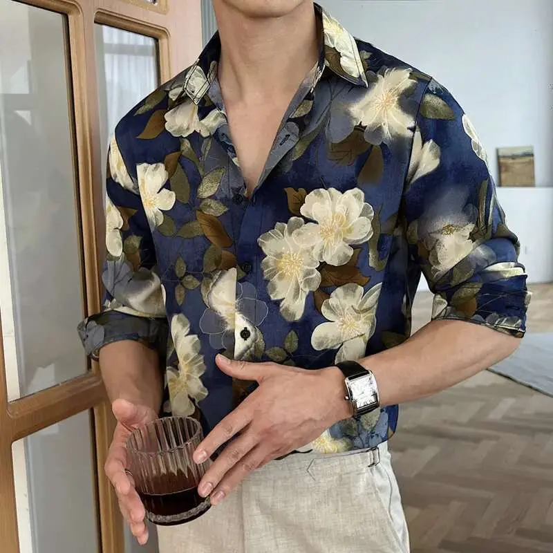 IEFB Men's Long Sleeve Shirts New Spring Casual Printing Design Korean Losse Single Breasted Stylish Turn-down Collar Top 9W1577