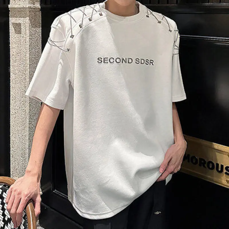 IEFB Men's T-shirts Short Sleeve Summer Letter Print  Design Chain Shoulder Pad Male T-shirt Pullover Solid Color Top 9W1708