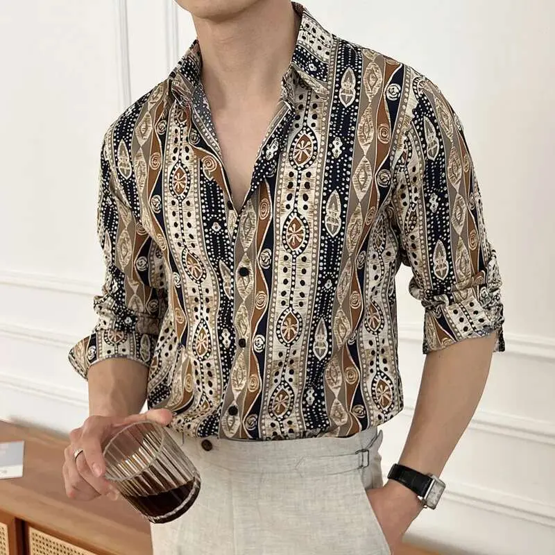 IEFB Men's Long Sleeve Shirts New Spring Casual Printing Design Korean Losse Single Breasted Stylish Turn-down Collar Top 9W1577