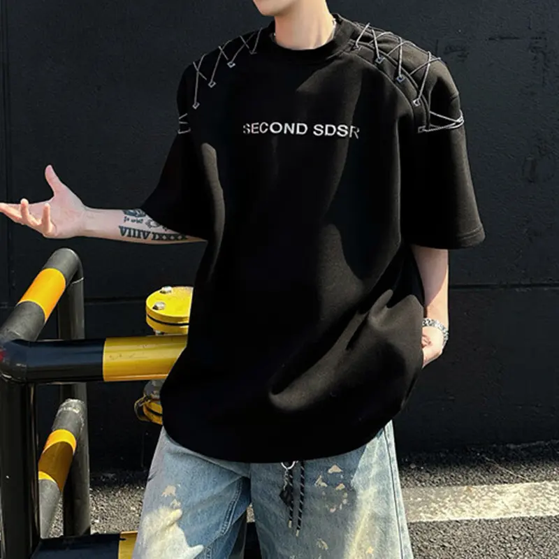 IEFB Men's T-shirts Short Sleeve Summer Letter Print  Design Chain Shoulder Pad Male T-shirt Pullover Solid Color Top 9W1708