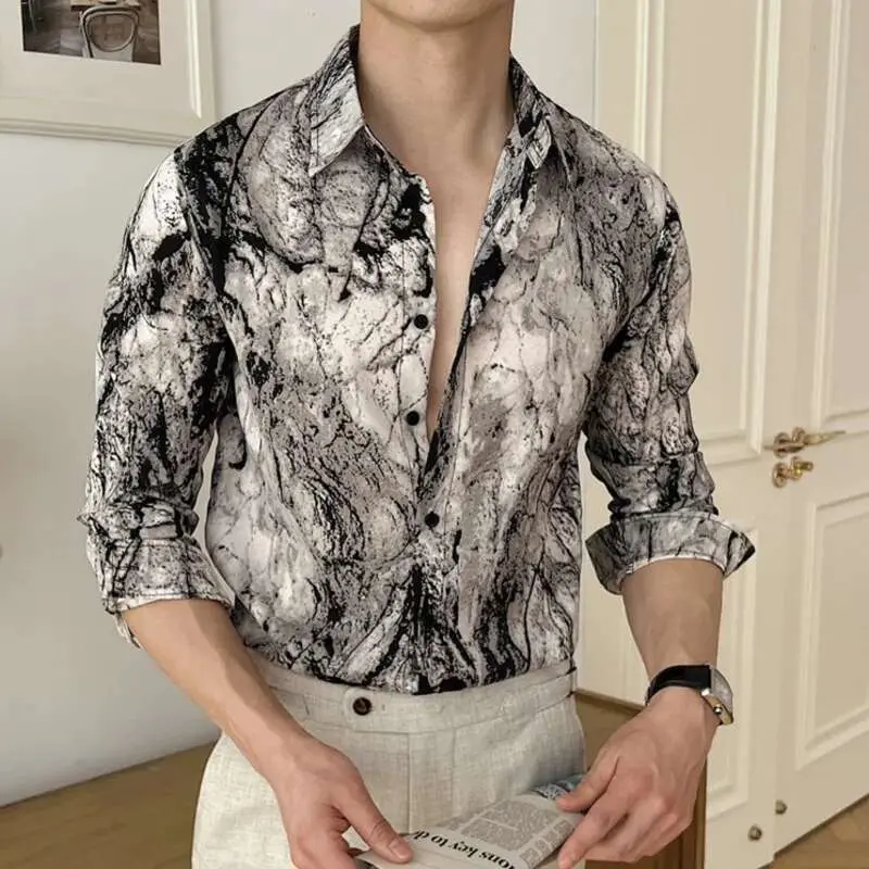 IEFB Men's Long Sleeve Shirts New Spring Casual Printing Design Korean Losse Single Breasted Stylish Turn-down Collar Top 9W1577