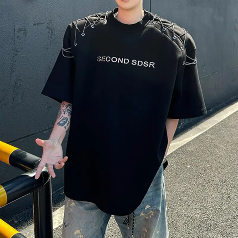 IEFB Men's T-shirts Short Sleeve Summer Letter Print  Design Chain Shoulder Pad Male T-shirt Pullover Solid Color Top 9W1708
