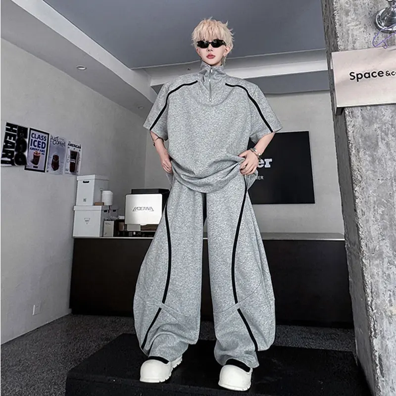 IEFB men's suits contrast color stand collar pullover short sleeved casual t-shirts ribbon design male loose pants trend 9W2604