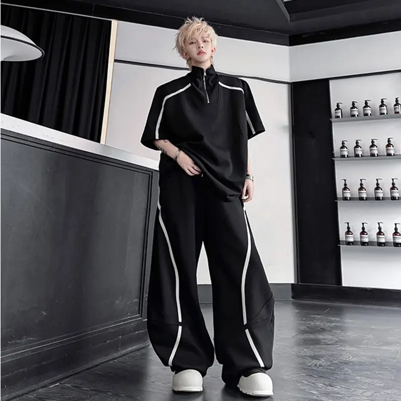 IEFB men's suits contrast color stand collar pullover short sleeved casual t-shirts ribbon design male loose pants trend 9W2604