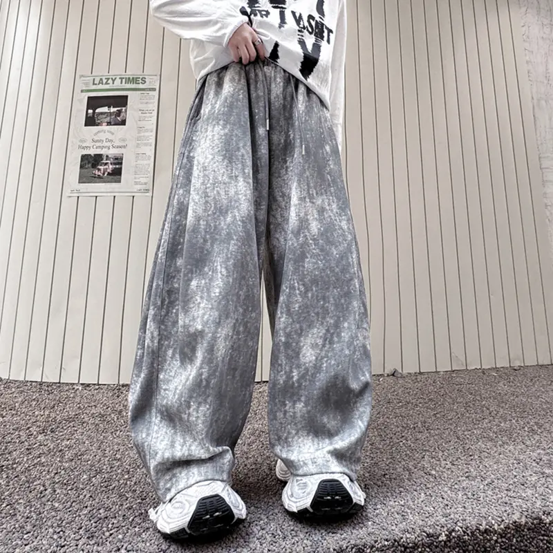 IEFB Men's Sweatpants New American Fashion Wax Printed Design Loose Wide Leg Trendy Elastic Waist Stylish Male Trousers 9W2088