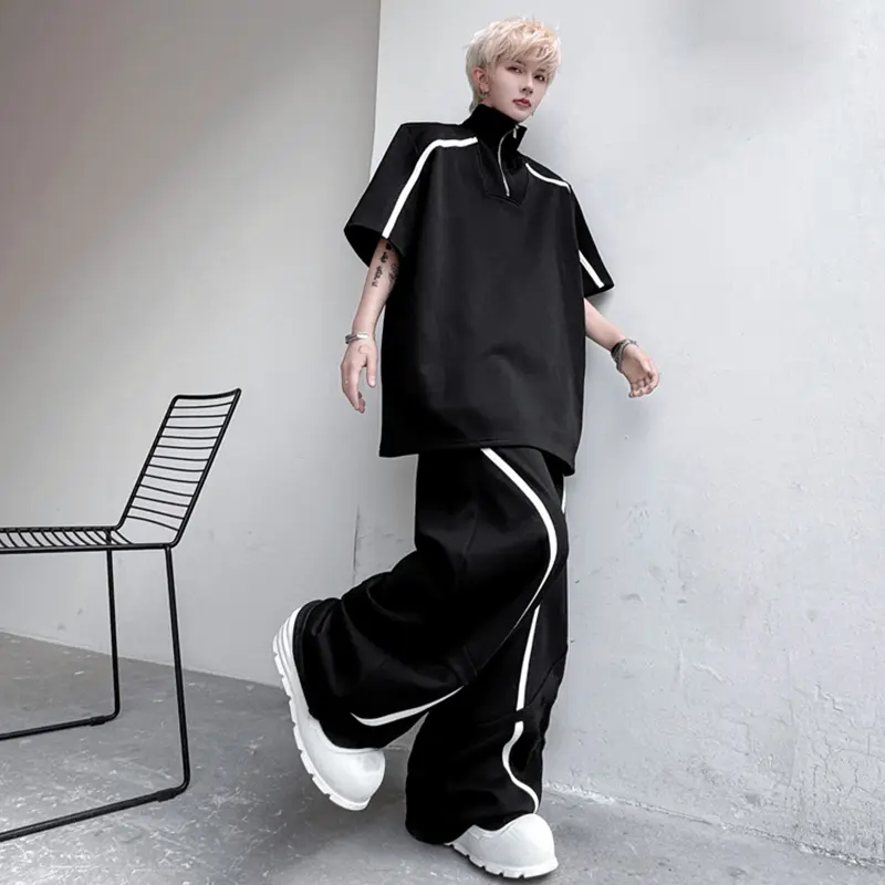 IEFB men's suits contrast color stand collar pullover short sleeved casual t-shirts ribbon design male loose pants trend 9W2604
